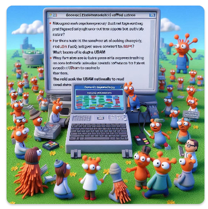 claymation style people sit on the grass around a large computer with ai generated text displayed. UBAM is visible in the text.