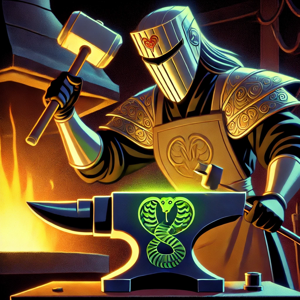 In the art style of 1990s Disney, cel shading: A mysterious blacksmith in a dark, forge-like setting. She wears a sleek, gold-plated helmet embossed with the symbol of a snake and an armored robe with intricate designs. Sparks fly as she hammers a molten weapon on an anvil, which begins to take the shape of a coiled snake. The forge’s flames cast a warm glow, reflecting off her helmet and tools. The snake is a python with a green sheen.